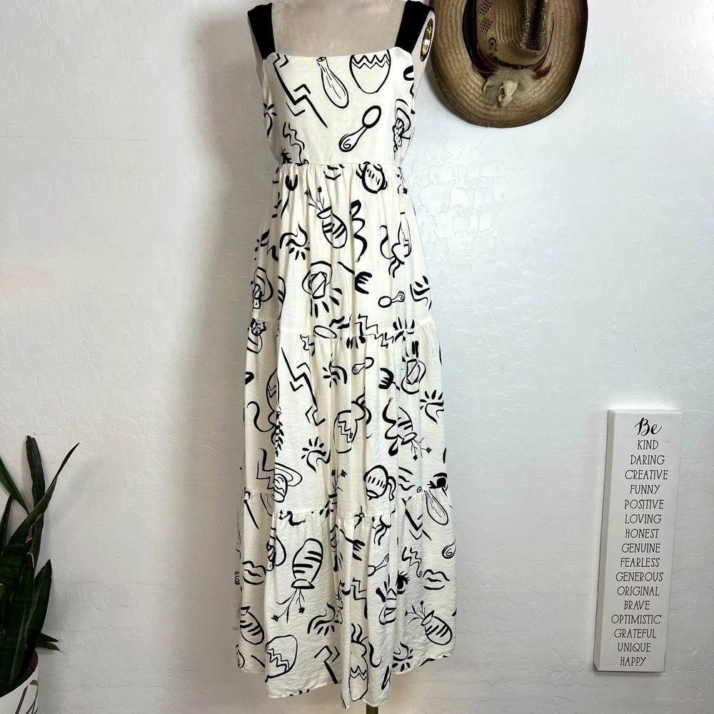 By The River Doodle Print Maxi Dress Womens Medium Black White Artsy Boho Tiered